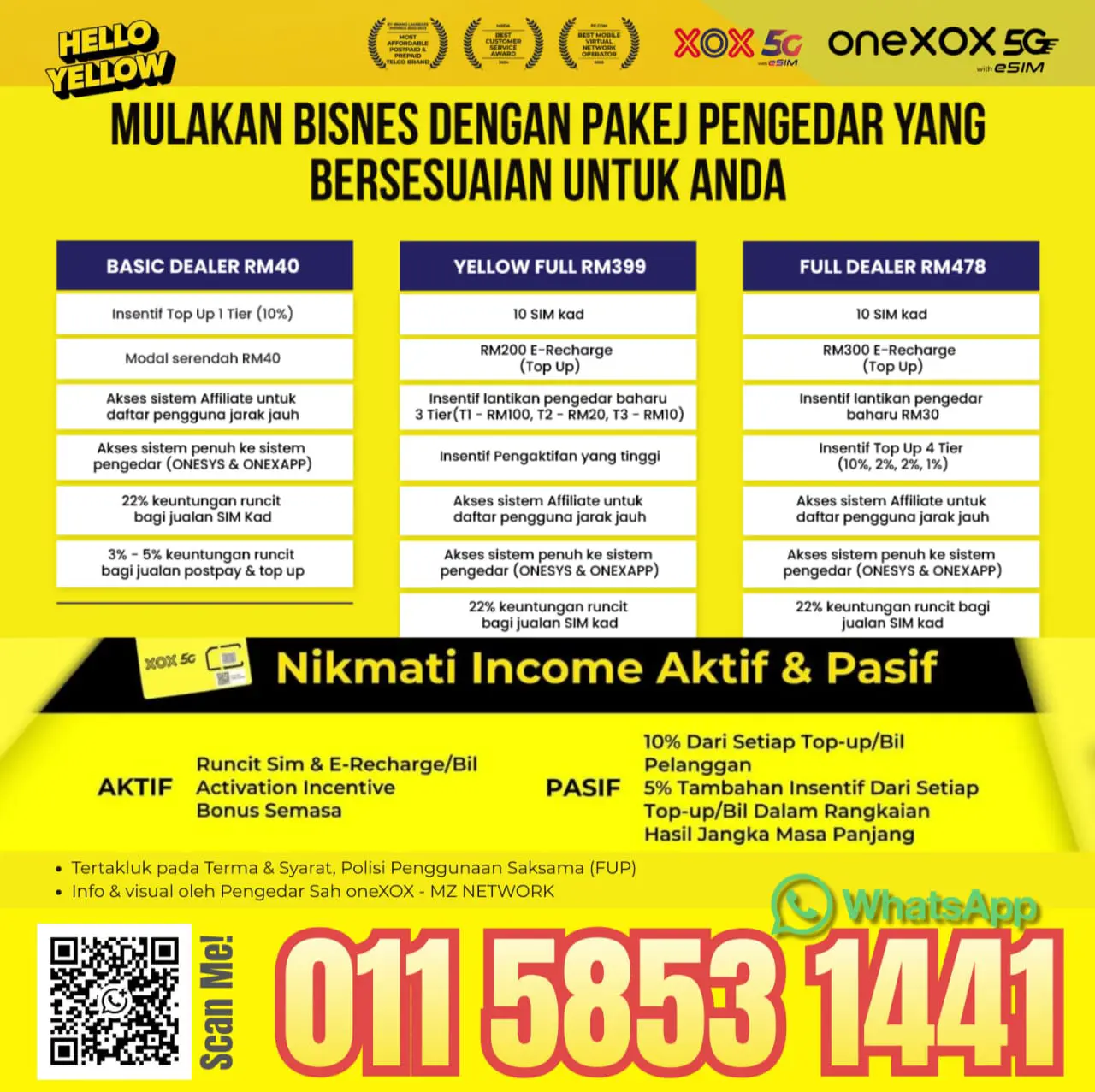 ONEXOX dealer package comparison - Basic RM40, Yellow Full RM399, Full Dealer RM478